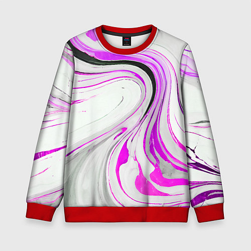Детский свитшот Волнистые чёрно-фиолетовые линии на белом фоне / 3D-Красный – фото 1