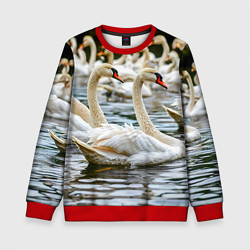 Детский свитшот Белые лебеди на пруду / 3D-Красный – фото 1
