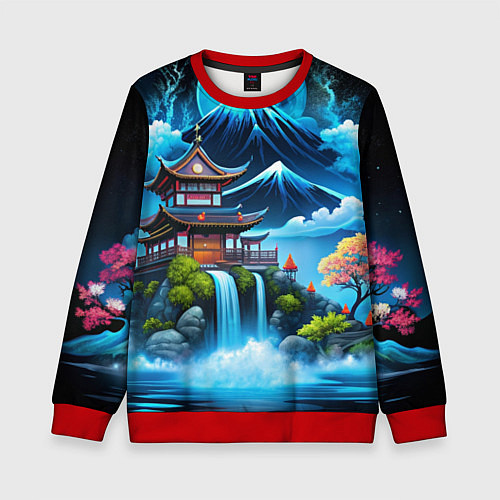 Детский свитшот Водопад и горы Японии / 3D-Красный – фото 1
