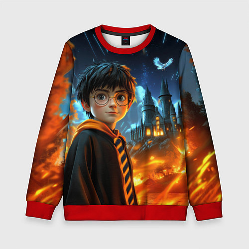 Детский свитшот Гарри Поттер на фоне огня / 3D-Красный – фото 1
