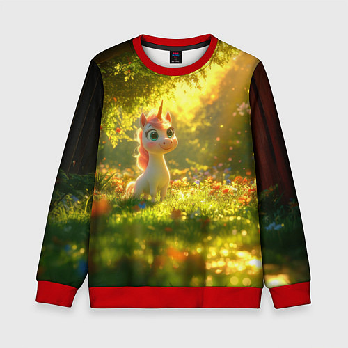 Детский свитшот Единорог в летнем лесу / 3D-Красный – фото 1
