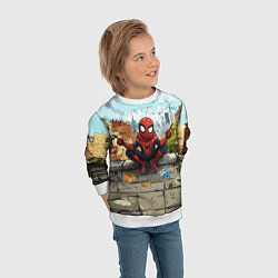 Свитшот детский Маленький человек-паук в городе, цвет: 3D-белый — фото 2