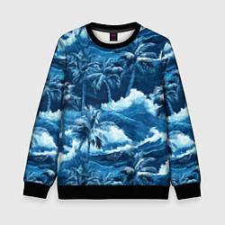 Свитшот детский Пальмы и волны - голубые оттенки паттерн, цвет: 3D-черный
