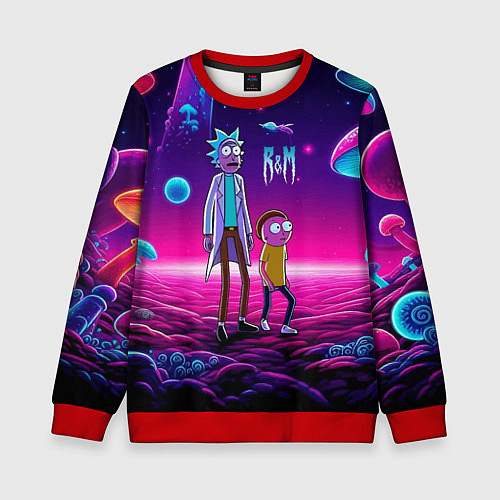 Детский свитшот Морти и Рик на планете неоновых сказочных грибов / 3D-Красный – фото 1
