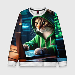 Свитшот детский Котенок хакер за ноутбуком, цвет: 3D-белый