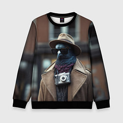 Свитшот детский Голубь шпион с ретро фотокамерой, цвет: 3D-черный