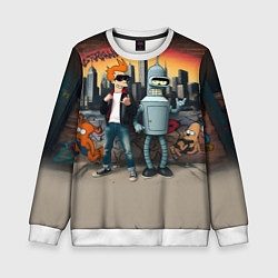 Свитшот детский Фрай и Бендер на фоне стены с граффити, цвет: 3D-белый