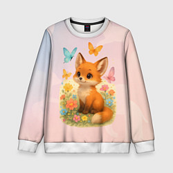 Свитшот детский Лисичка с бабочками и цветочками, цвет: 3D-белый