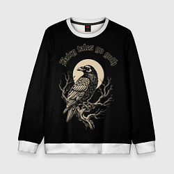 Свитшот детский Ворона сидит на ветке на фоне полной луны, цвет: 3D-белый