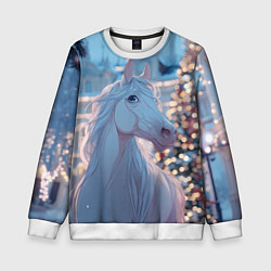 Свитшот детский Белая лошадка у новогодней елки, цвет: 3D-белый