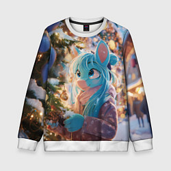Свитшот детский Синяя новогодняя лошадка, цвет: 3D-белый