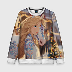 Свитшот детский Блондинка с новогодней лошадкой, цвет: 3D-белый