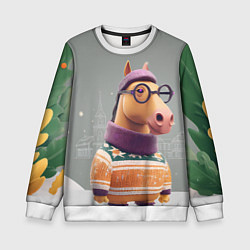 Свитшот детский Новогодняя лошадка хипстер, цвет: 3D-белый