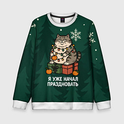 Свитшот детский Я уже начал праздновать - кот с мандарином, цвет: 3D-белый