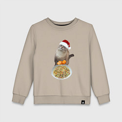 Свитшот хлопковый детский Новогодний кот и оливье, цвет: миндальный