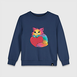 Свитшот хлопковый детский Влюбленный котик держит сердце, цвет: тёмно-синий