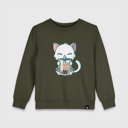 Свитшот хлопковый детский Котик с бабл ти, цвет: хаки