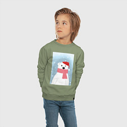 Свитшот хлопковый детский Мультяшный белый медведь в красной шапке с шарфом, цвет: авокадо — фото 2