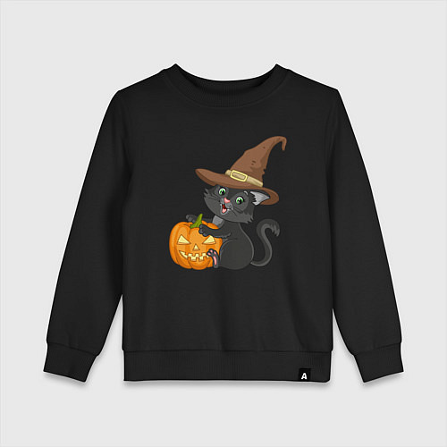 Детский свитшот Чёрный котик в шляпе и с тыквой / Черный – фото 1