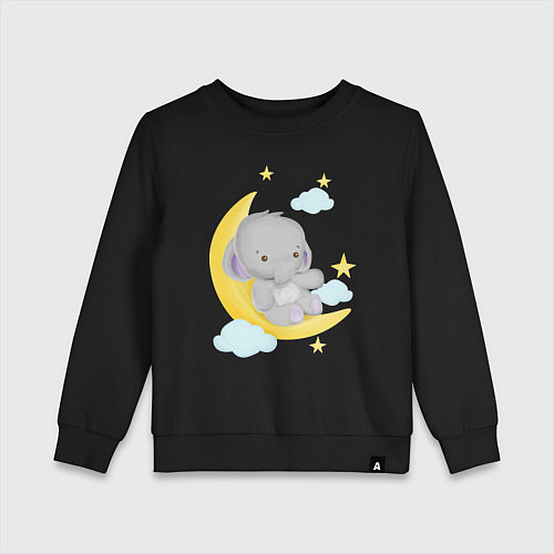 Детский свитшот Милый слонёнок сидит на месяце среди звёзд / Черный – фото 1