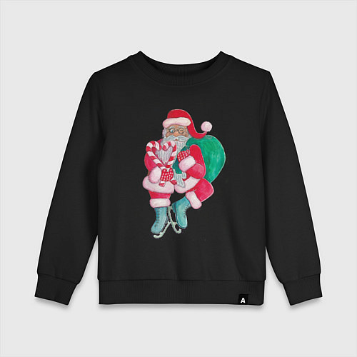 Детский свитшот Санта Клаус с мешком подарков на коньках / Черный – фото 1