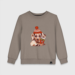 Детский свитшот Щенок в зимней шапке и с кофе