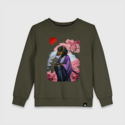 Свитшот хлопковый детский Такса-Самурай весенняя на фоне сакуры, цвет: хаки