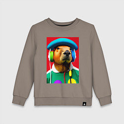 Свитшот хлопковый детский Капибара в наушниках и шляпе - нейросеть, цвет: утренний латте