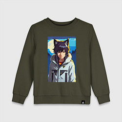 Свитшот хлопковый детский Девочка-волчонок - аниме, цвет: хаки