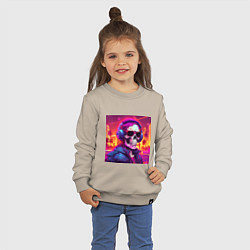 Свитшот хлопковый детский Скелет с неоновыми волосами в очках и наушниках, цвет: миндальный — фото 2