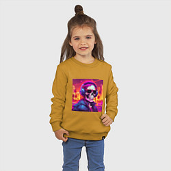 Свитшот хлопковый детский Скелет с неоновыми волосами в очках и наушниках, цвет: горчичный — фото 2