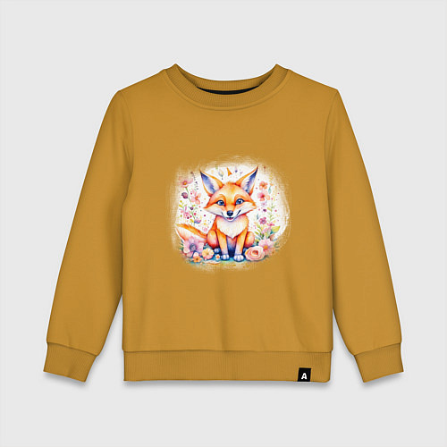 Детский свитшот Милый большеухий лисенок сидит в цветах / Горчичный – фото 1