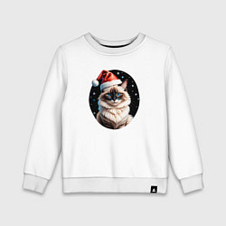 Свитшот хлопковый детский Кот породы Рэгдолл в новогодней шапке, цвет: белый