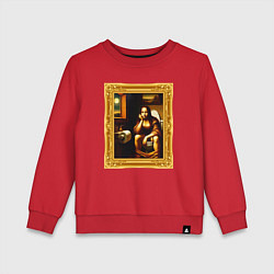 Свитшот хлопковый детский Нейросеть - Мона Лиза в туалете картина прикол, цвет: красный