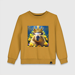 Свитшот хлопковый детский Мем капибара царь на троне и желтые цветы, цвет: горчичный