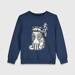 Свитшот хлопковый детский Кот самурай - сёто в зубах, цвет: тёмно-синий