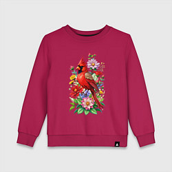 Свитшот хлопковый детский Птица красный кардинал среди цветов, цвет: маджента
