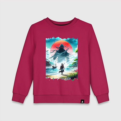 Детский свитшот Призрак Цусимы - самурай на берегу озера / Маджента – фото 1