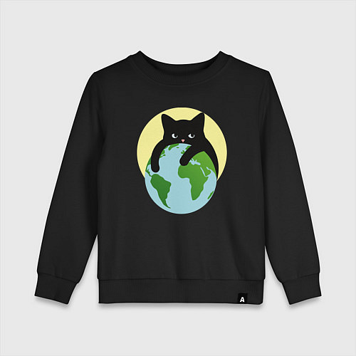 Детский свитшот Котик, обнимающий землю в космосе / Черный – фото 1