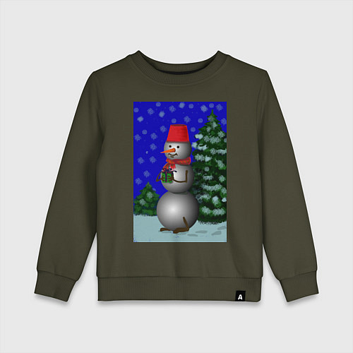 Детский свитшот Снеговичок с подарком под елкой / Хаки – фото 1