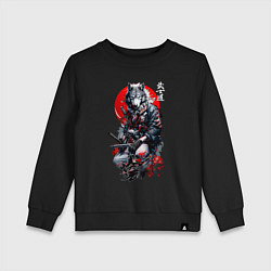 Свитшот хлопковый детский Волк самурай - гравюра, цвет: черный