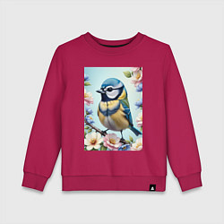 Свитшот хлопковый детский Синичка в цветах, цвет: маджента