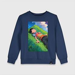 Свитшот хлопковый детский Аниме мальчик на траве, цвет: тёмно-синий