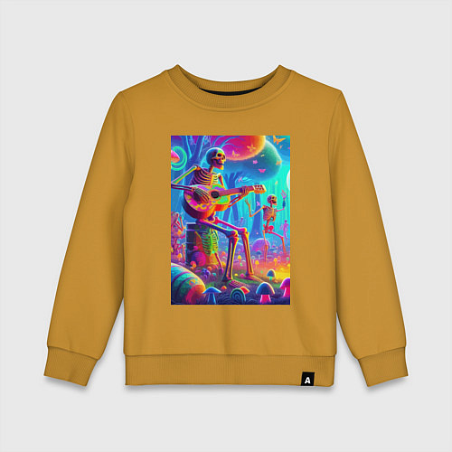Детский свитшот Скелет играет на гитаре в грибном лесу / Горчичный – фото 1