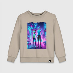 Свитшот хлопковый детский Рик и Морти в неоновом городе - нейроарт, цвет: миндальный