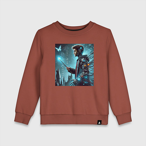 Детский свитшот Harry Potter with a magic wand - cyberpunk / Кирпичный – фото 1