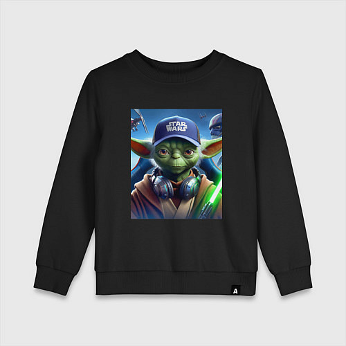 Детский свитшот Прикольный Йода с наушниками - прикол / Черный – фото 1