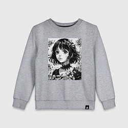 Свитшот хлопковый детский Аниме девушка портрет черно-белый, цвет: меланж