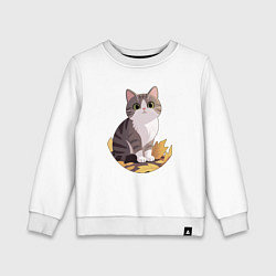 Свитшот хлопковый детский Полосатый котенок сидит на желтых листьях, цвет: белый