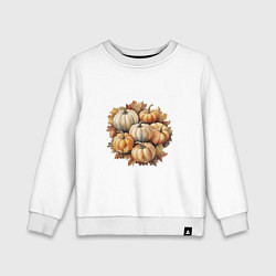 Свитшот хлопковый детский Тыквы разные на осенних листьях акварель, цвет: белый